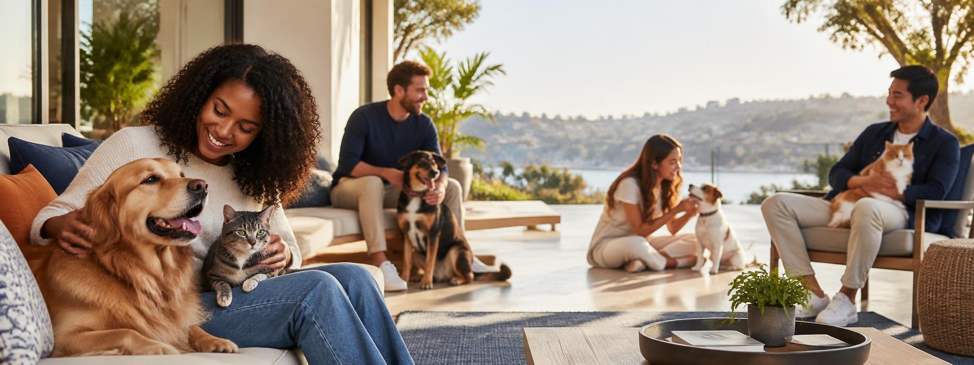 Pet owners enjoying time with their dogs and cats